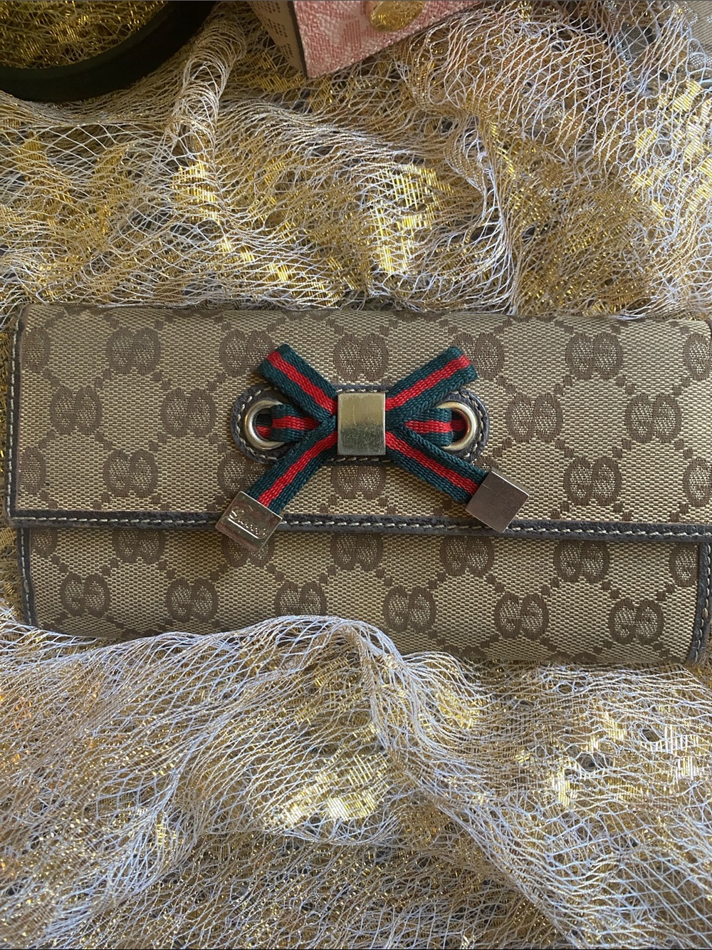 Gucci Beige Monogram Wallet Clutch with Ribbon Detail